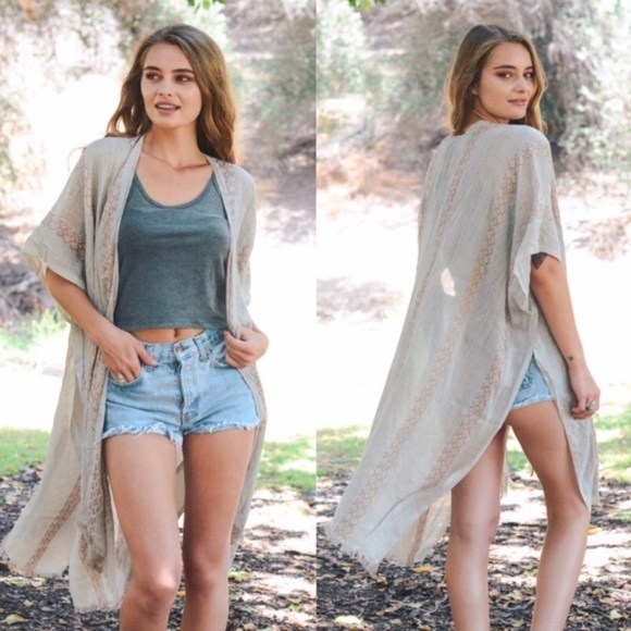 Boho Coral Frayed Hem Kimono Cover up - Picture 2 of 6